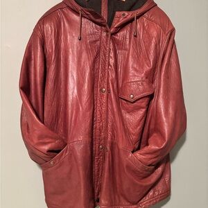 Men's Classic Red Leather Hooded Jacket